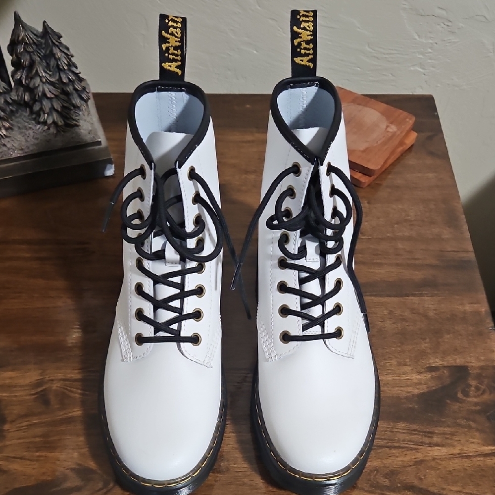 Dr. Martens White Leather Combat Boots with Black Laces